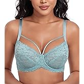 DotVol Women's Plus Size See Through Sexy Lace Bra with Strappy Underwire Everyday Bra