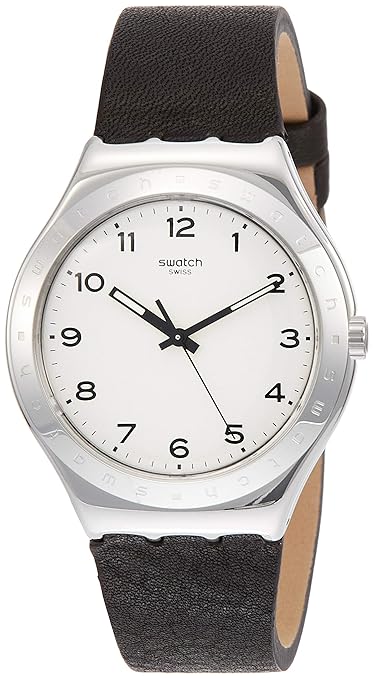 Swatch Unisex Erwachsene Analog Quarz Uhr mit Leder Armband YWS101