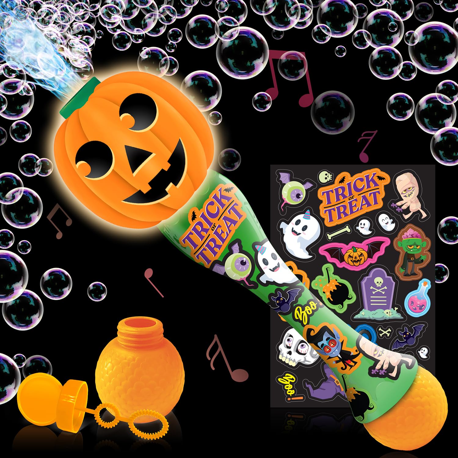 Photo 1 of ArtCreativity Halloween Bubble Wand for Kids, 14" Light Up Pumpkin Bubble Wand for Toddlers with LED & Music, Halloween Boo Basket Stuffers for Kids, Haloween Toys for Toddlers