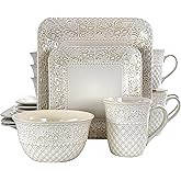 Elama Ivory Lotus 16 Piece Square Dinnerware Set