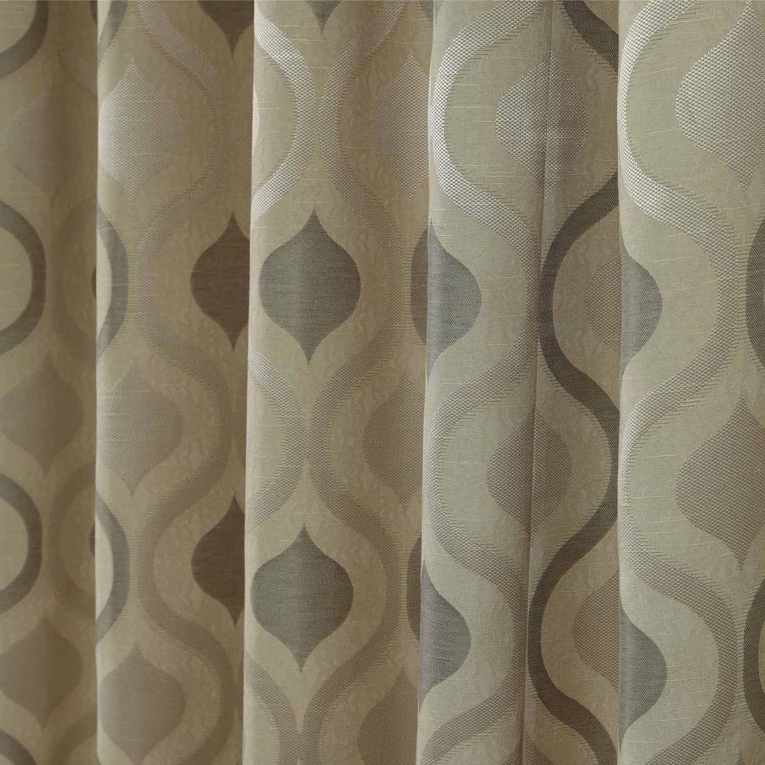 HOMESCAPES Cream Jacquard Pencil Pleat Curtain Pair Modern Wave Design