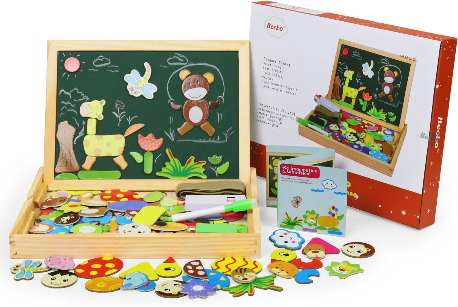 Becko Magnetic Jigsaw Puzzle Board Wooden Toys Multifunctional Travel Drawing Board Double Sided with Erase and Black Board, Animal and Plant Puzzle (Animal)