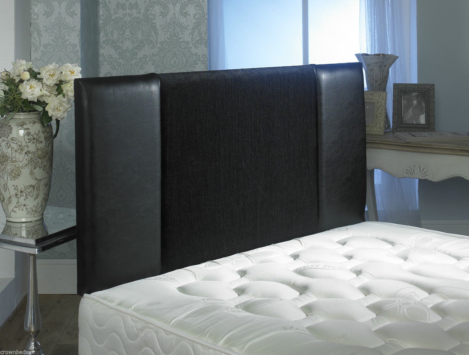 CROWNBEDSUK QUALITY OSLO FAUX LEATHER & CHENILLE HEADBOARD IN 2ft6,3ft,4ft,4ft6,5ft,6ft (4FT6 DOUBLE, Black)