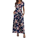 HAOMEILI Women's Short Sleeve Floral Print Scoop Neck Loose Plain Maxi Dresses Casual Long Dresses with Pockets(Rose Navy M)
