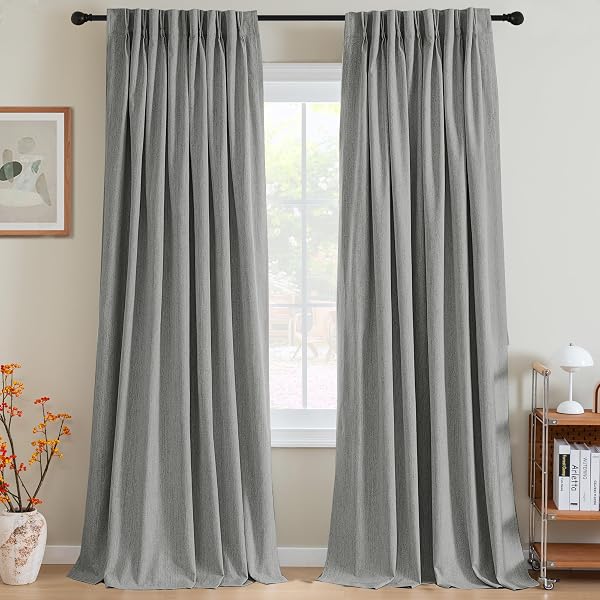 H.VERSAILTEX PINCH PLEATED FULL BLACKOUT CURTAINS LINEN BLENDED CHENILLE BLACKOUT CURTAINS 84 INCH LENGTH 2 PANELS SET THERMAL INSULATED FARMHOUSE NEUTRAL TRACK DRAPES WITH HOOKS, HEATHER DOVE GRAY