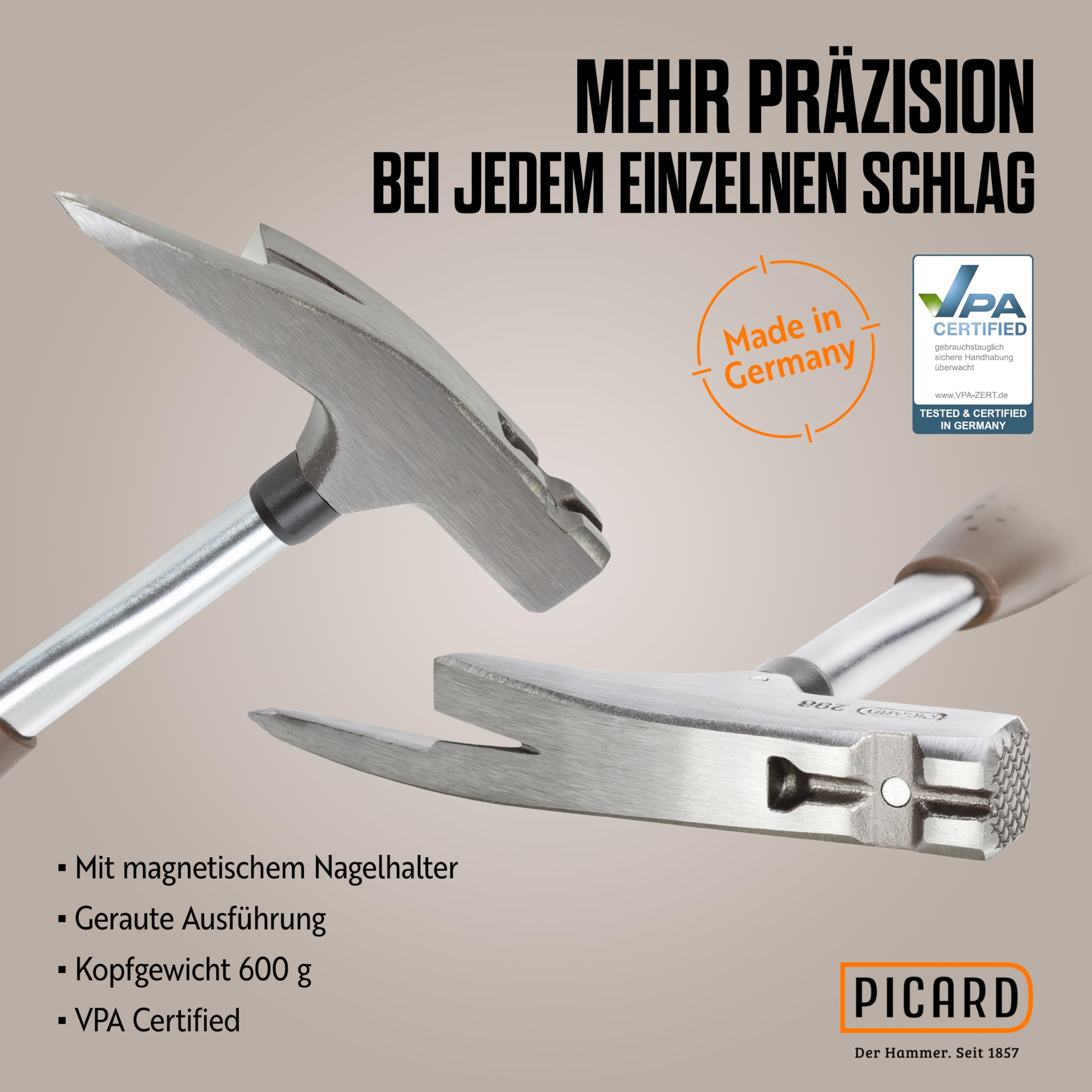 PICARD Latthammer Nr. 298 + Nageleisen | 600 g Kopfgewicht | Geraute Bahn | Magnetischer Nagelhalter | Korrosionsgeschützt | Chrom-Molybdän-Stahlrohrstiel | GS-geprüft | Länge 320 mm | Made in Germany 3