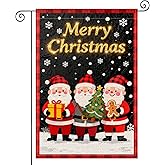 HOMETITUTE Merry Christmas Garden Flag Double Sided 12x18 Inch Burlap Welcome Garden Flag with Santa Gingerbread Snowflakes Christmas Trees Holiday Flags for Patio Lawn Decoration