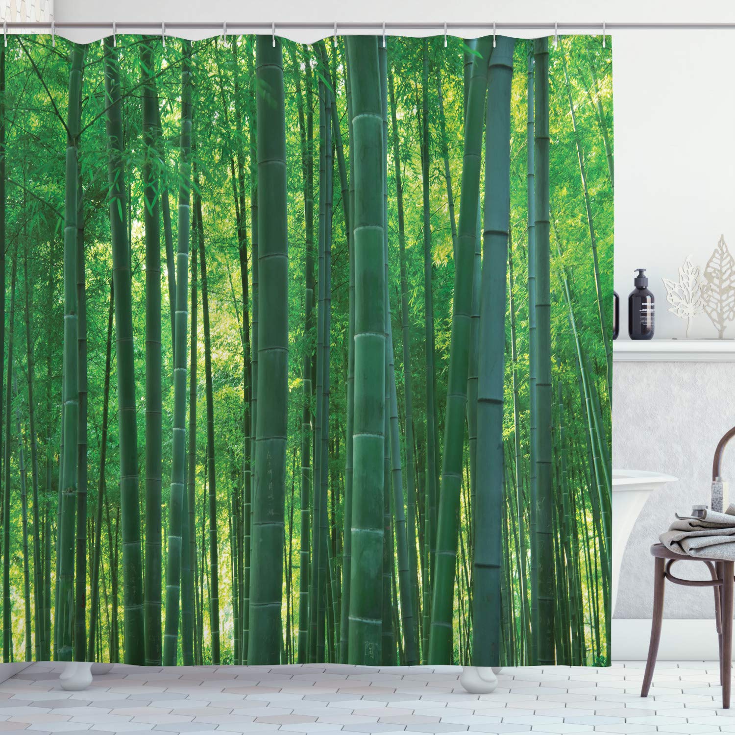 ABAKUHAUS Bamboo Shower Curtain, Oriental Exotic Bamboo Trees in the Rainforest Horizontal Jungle Stalk Nature View, Cloth Fabric Bathroom Decor Set with Hooks, 175 x 200 cm, Jade Green