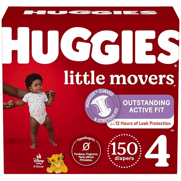 HUGGIES SIZE 4 DIAPERS, LITTLE MOVERS BABY DIAPERS, SIZE 4 (22-37 LBS), 150 COUNT (6 PACKS OF 25), PACKAGING MAY VARY