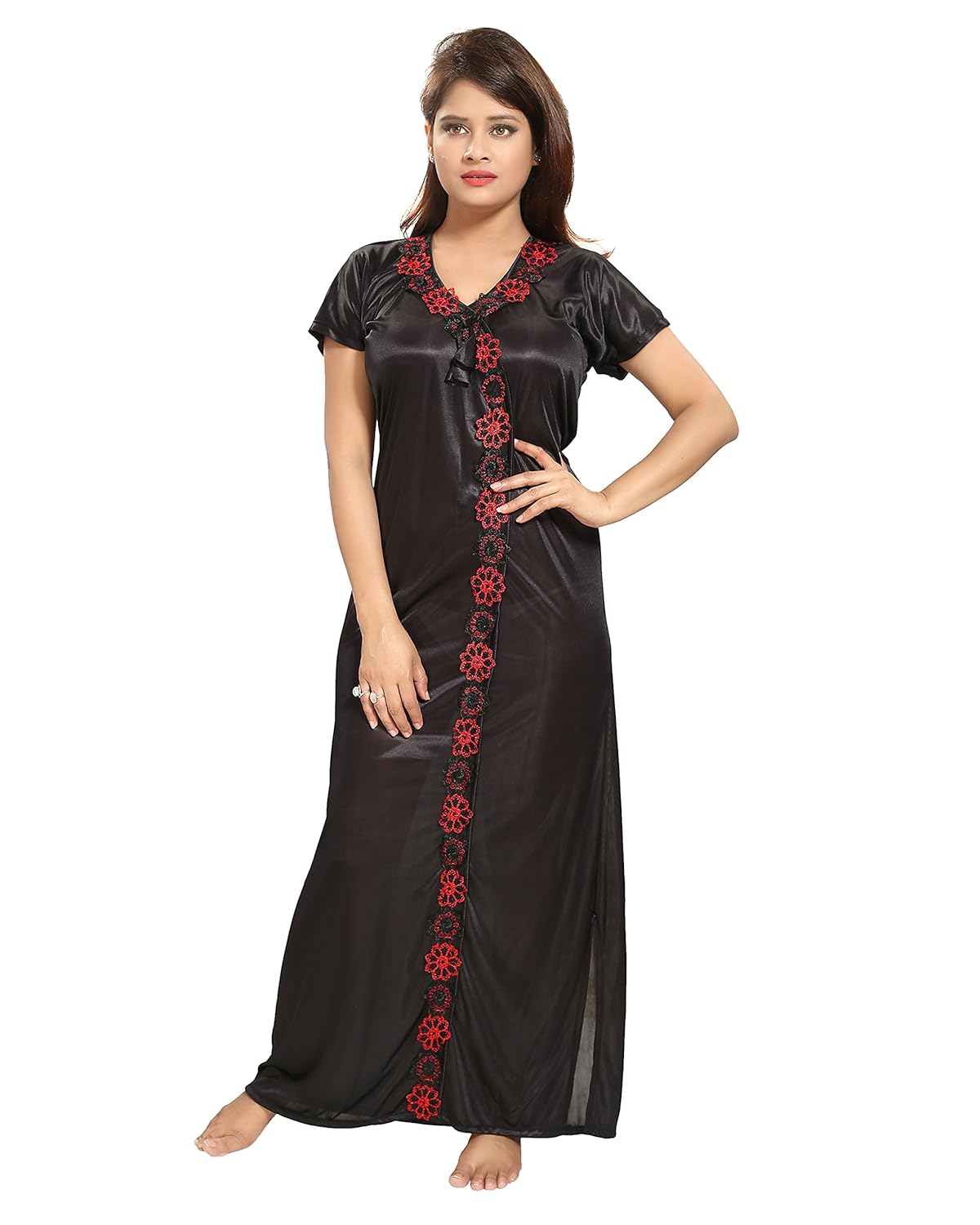 tucute women satin night gown (black) (free size) d.no.1115