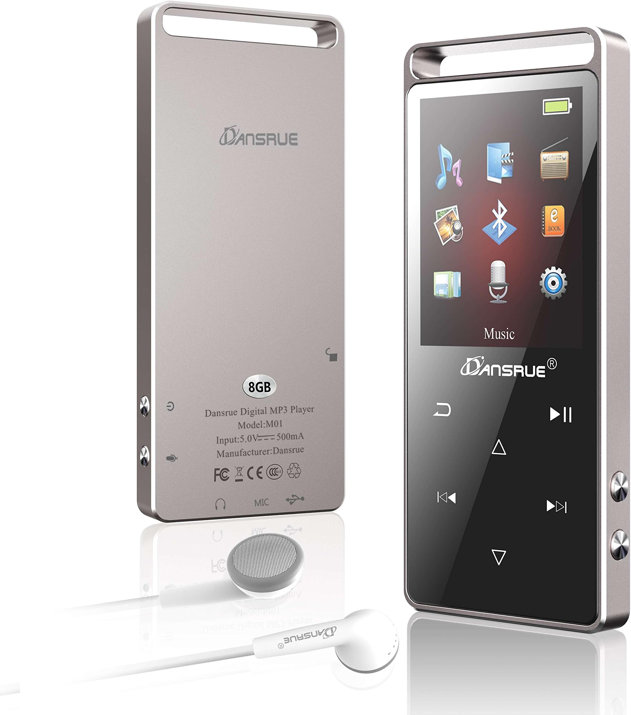 Dansrue MP3 Music Player with Bluetooth, 8GB Portable Lossless Digital Audio Player with FM Radio/Voice Recorder, Metal Shell Touch Screen, HD Sound Quality Earphones(Support up to 128GB)