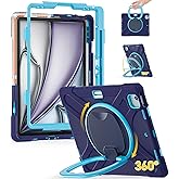 BRAECN for iPad Air 13 Inch Case M3 2025/ M2 2024, iPad Pro 12.9 (6th/5th/4th/3rd Gen), Heavy Duty Shockproof Cover w/Pencil Holder, Rotating Handle Grip, Stable Kickstand, Shoulder Strap, Navy Blue