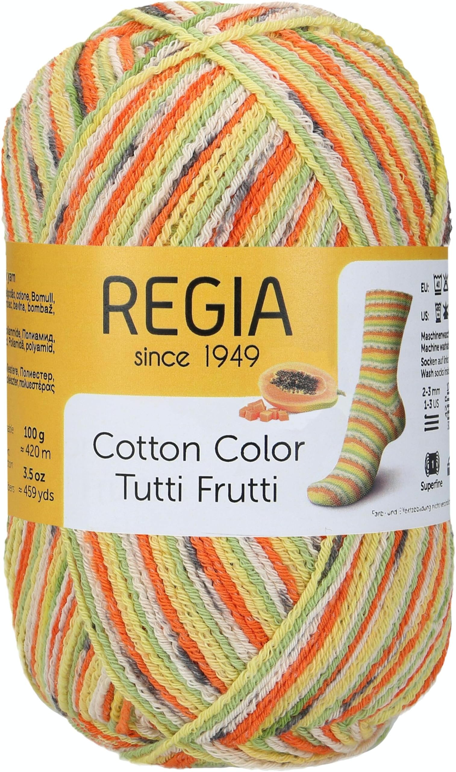Regia 4-Strand Cotton Yarn, Colour: Tutti Frutti, Hand Knitting Yarn, Sock Yarn,100 g Ball, 9801621-02416, Papaya, 16 x 8 x 8 cm