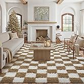 PureCozy Checkered Rug 8x10 for Living Room, Brown and White Modern Shag Rugs Super Soft Washable Indoor Office Fuzzy Carpet Non-Slip Fluffy Rugs for Bedroom Home Aesthetic Decor