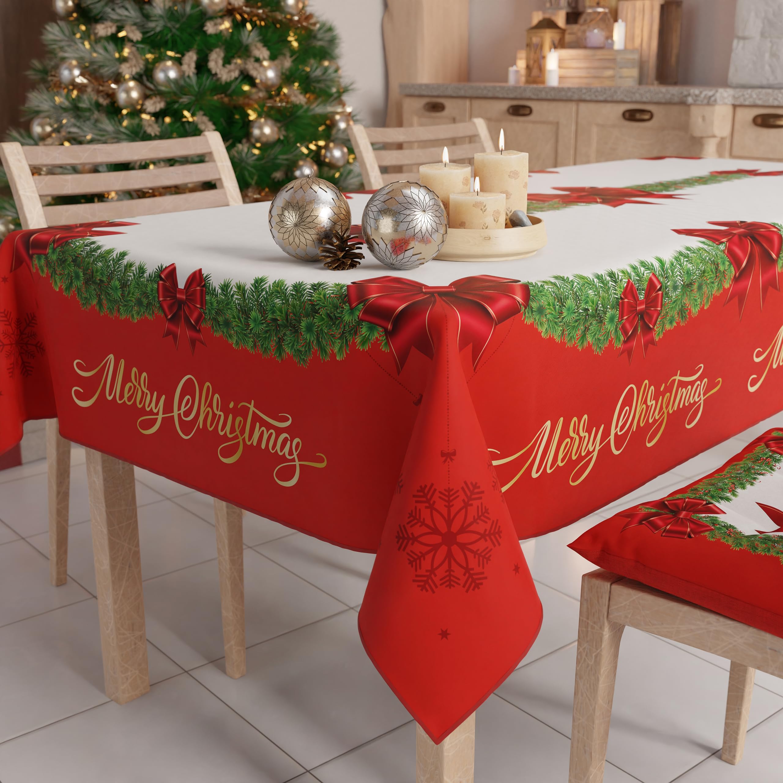 PETTI Artigiani Italiani Stain-Resistant Tablecloth Christmas – 140x180 cm Rectangular Festive Table Cover for Kitchen or Dining Table, Red Bow Design – 6 Seats, 100% Made in Italy — image 1