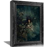 KKP Vintage Victorian Gothic Ophelia Dark Maiden Framed Wall Art, Moody Mysterious Woman with Skull and Water Lily Pond, Witchy Dark Academia Halloween Decor for Bedroom Study Living Room 9x11 Inch