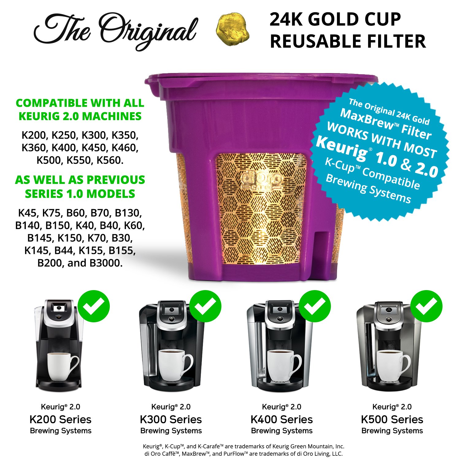 DI ORO - MaxBrew 24K GOLD K-Cup Reusable Filter for Keurig 2.0/1.0 Small Single K-Cup