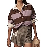 Womens Striped Sweater Shirts Lapel Polo V Neck Long Sleeve Strip Knit Pullover Casual Layer Top Jumper Y2K Shirt