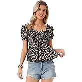 Allegra K Puff Short Sleeve Floral Blouse for Women's Sweetheart Neck Shirred Ruffle Peplum Top