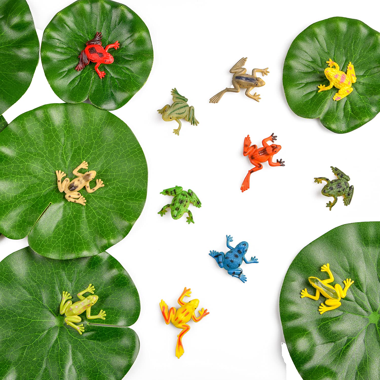 Jomnvo Berolle 20 PCS Plastic Frogs Set 12 PCS Plastic Frog Figures Model Colorful Frog 8 PCS Artificial Lotus Leaves Floating Lotus Leaves for Pond Pool Crafts Decoration