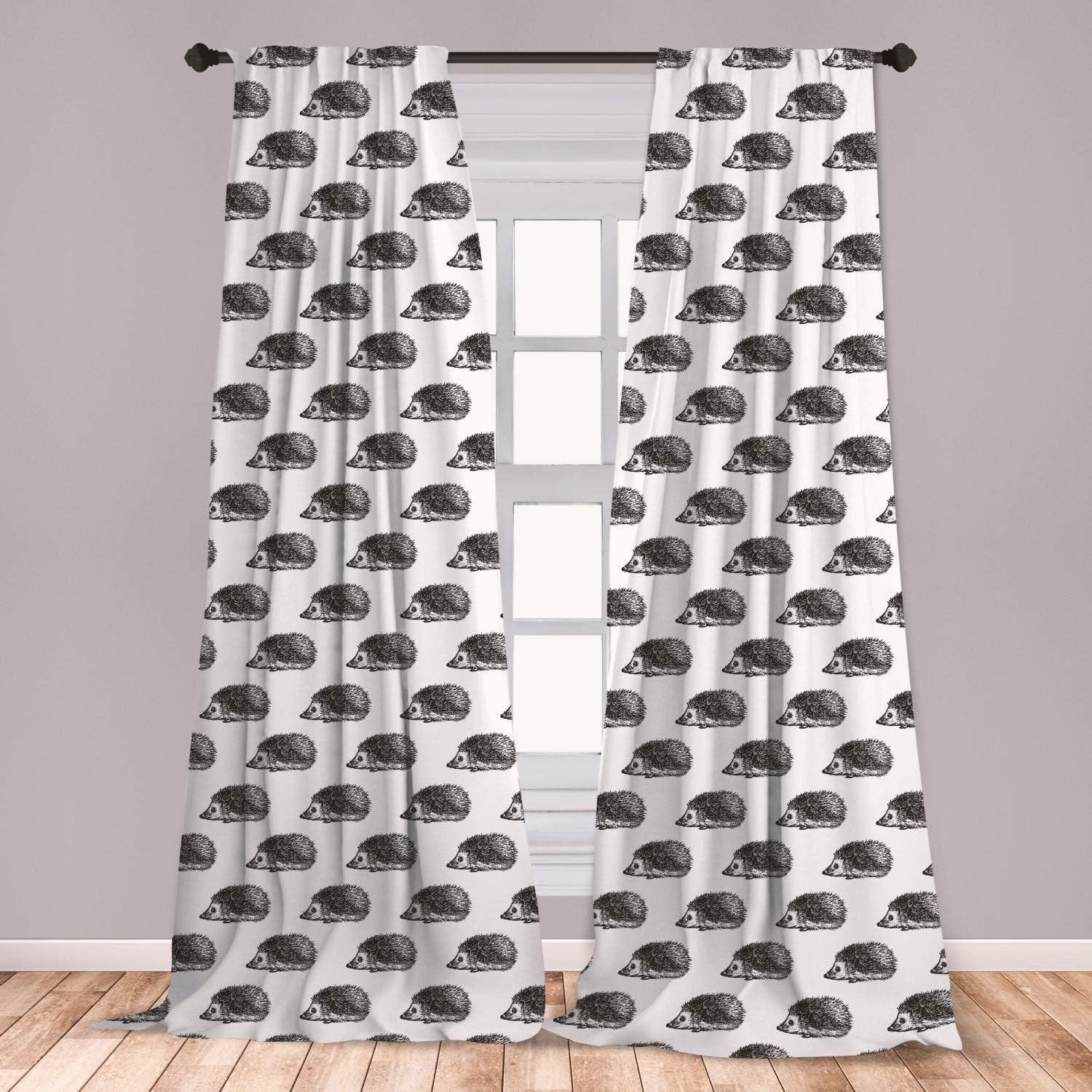 Ambesonne Hedgehog 2 Panel Curtain Set, Sketchy Hedgehogs Illustration Monochrome and Wildlife Nature Inspired, Lightweight Window Treatment Living Room Bedroom Decor, 56" x 84", Black White