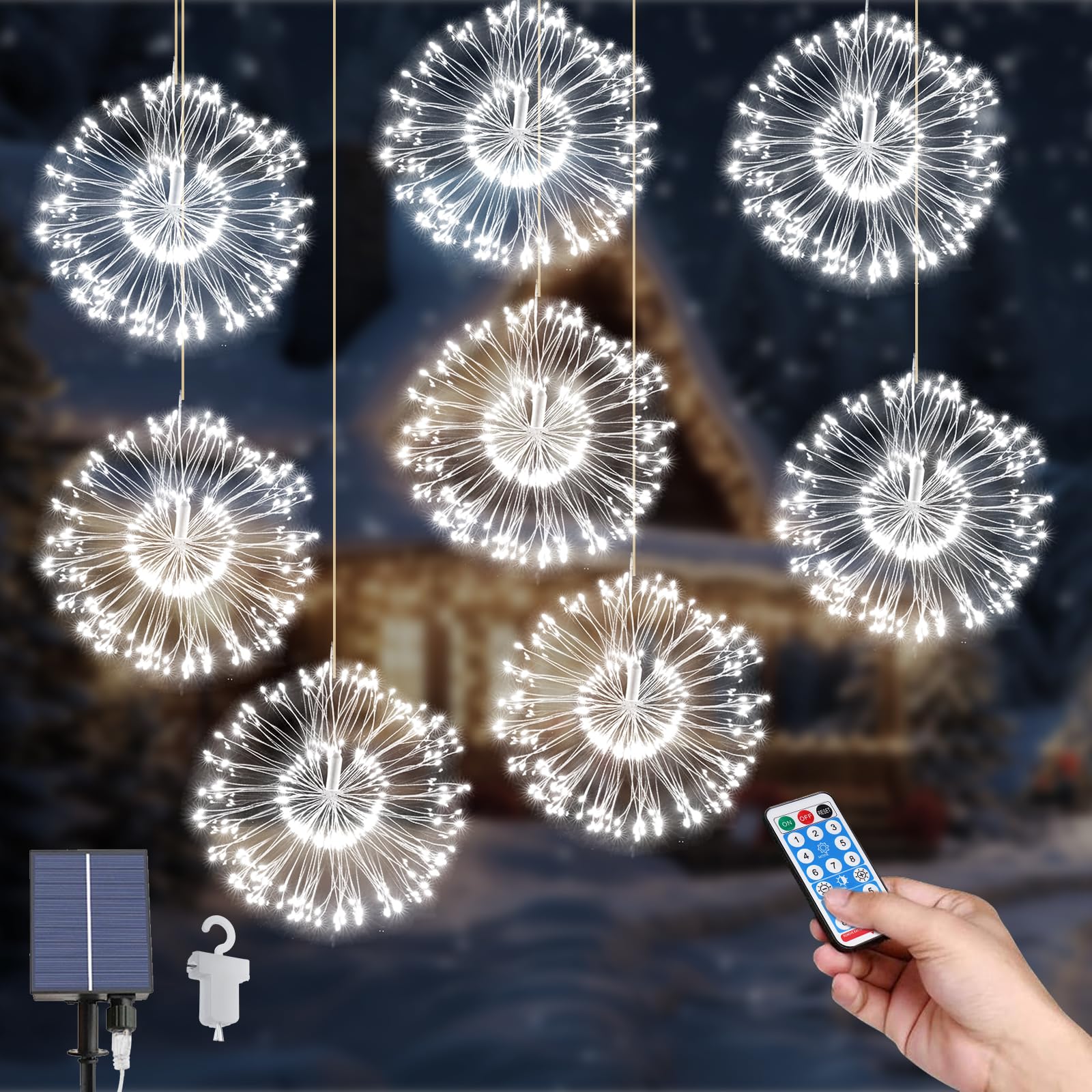 Solar Fairy Lights - 8Pack Hanging Starburst Sphere Lights with 800 LEDs, 8 Modes, Waterproof Copper Wire, Remote for Home Party Xmas Decorations — image 1