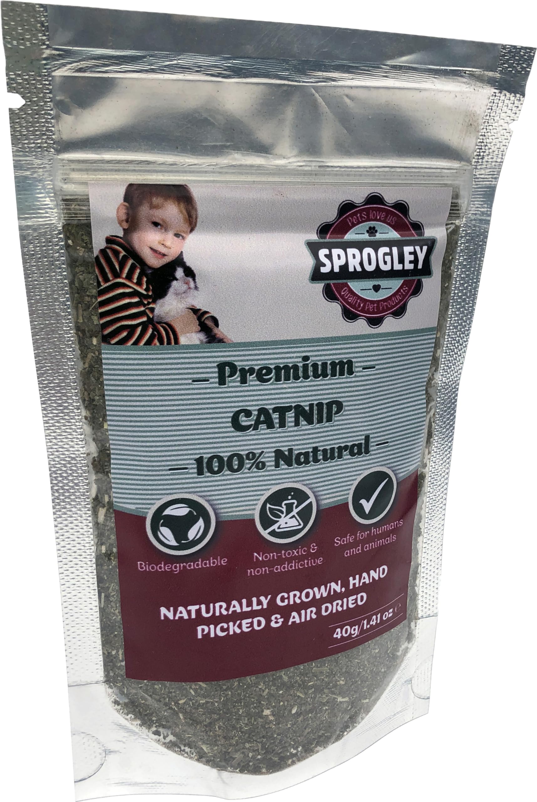 SPROGLEY Premium Catnip, Medium flakes in a 40g resealable bag. Organically farmed. No harmful chemicals. A cat treat for calming, enrichment, as a cat toy or kitten toys.