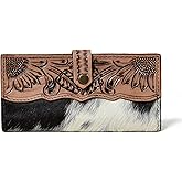 Merbaa Cowhide Leather Wallet for Women | Handmade Floral Tooled Long Clutch with Snap Closure | Western Style Purse | Rustic Cowgirl Bag