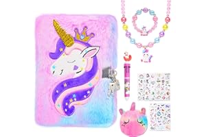 YGSEPCC Unicorn Diary with Lock, Gift for Ages 6 7 8 9 Year Old Girl Gifts, Journal Notebook Set with Purse, Necklace, Bracelet, Multicolored Pen, Sticker, Cute Plush Secret Diary for Kids