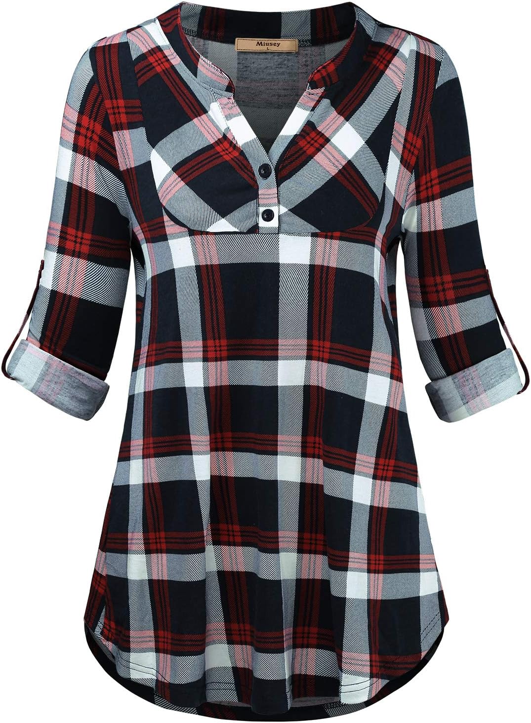 MiuseyWomens Buffalo Plaid Roll Sleeve V Neck Flowy Loose Tunic Blouse