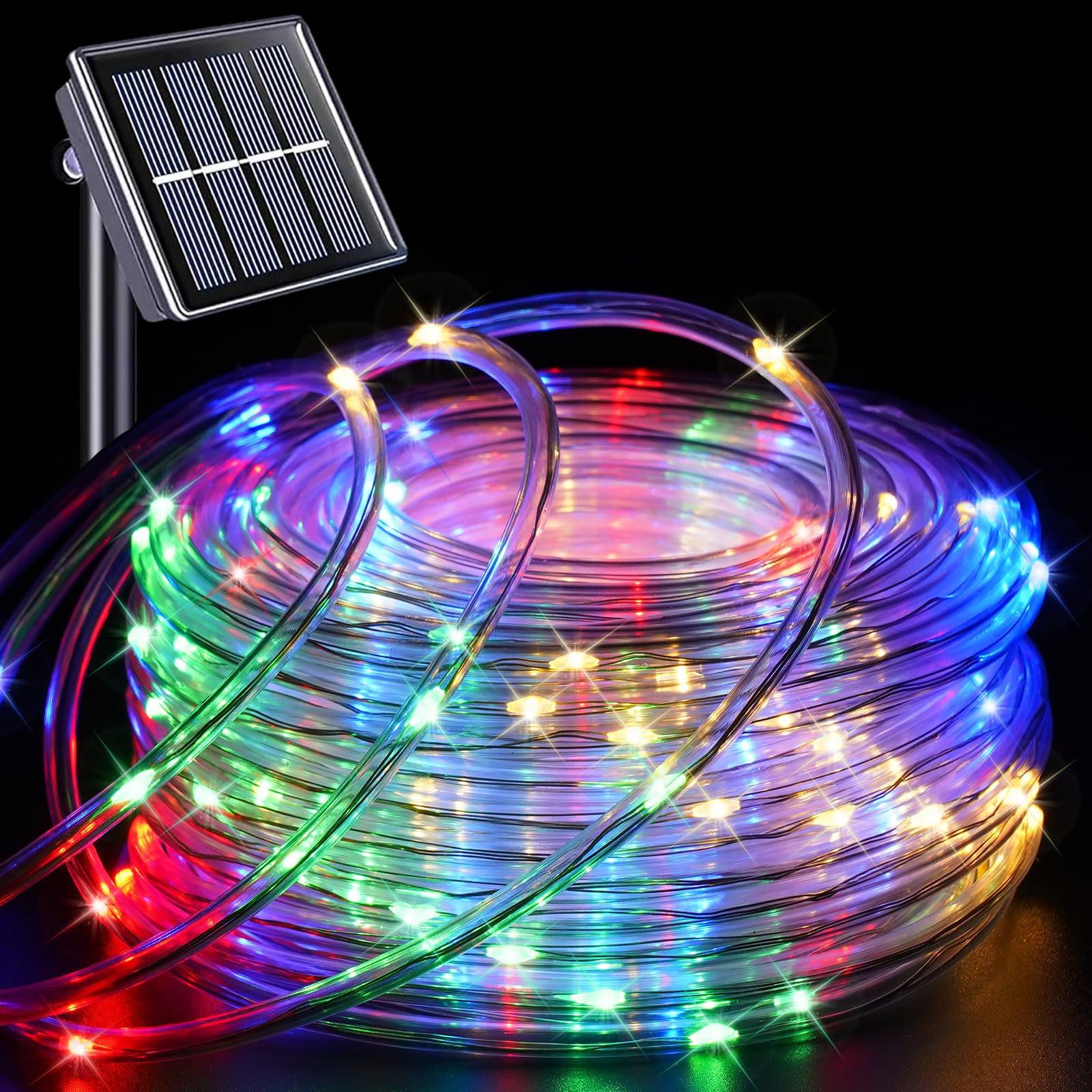 Photo 1 of YEGUO Solar Christmas Light Outdoor Waterproof, 66ft 200 LED Multicolor Rope Lights, 8 Modes Tube String Lights in Clear Thin Tube