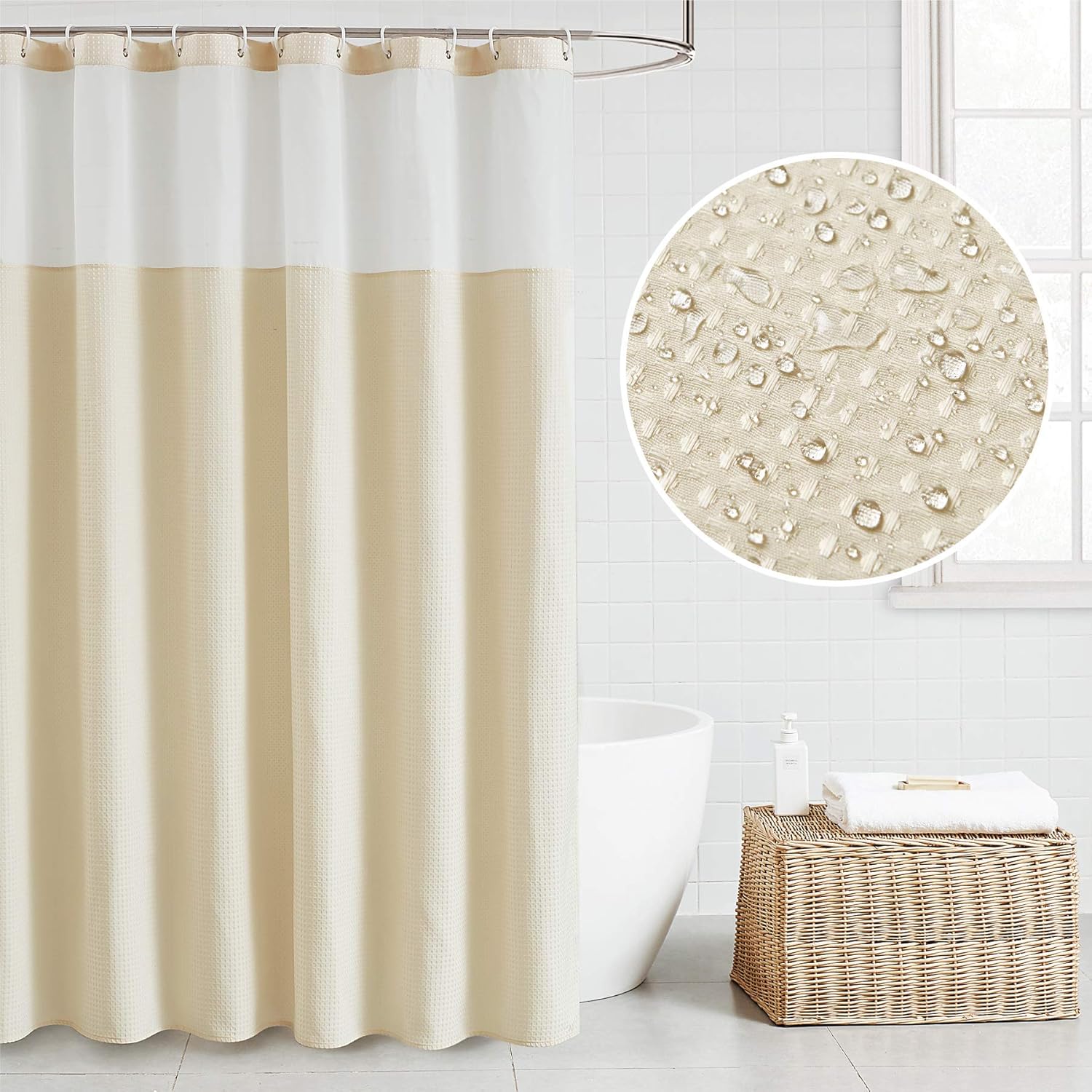 Bedsure Fabric Shower Curtain Beige Waffle Weave Shower
