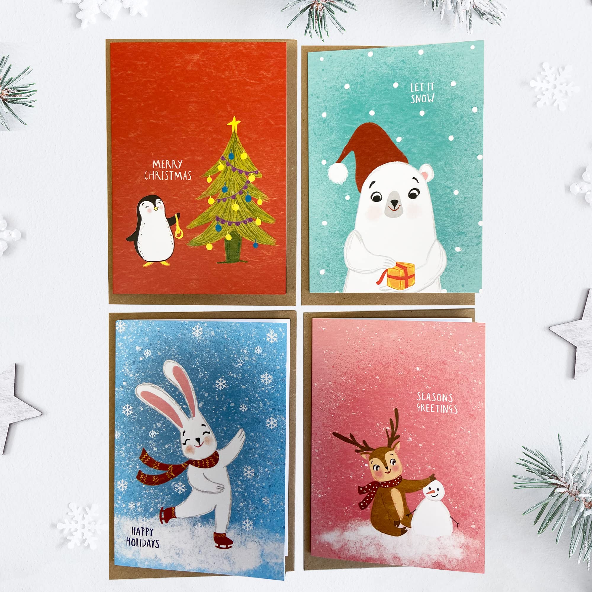 BYANIKA 8 Pack of Christmas Cards with Envelopes - 8 Christmas Card Pack with 8 Recycled Kraft Envelopes Multipack Cute Animals Xmas Card