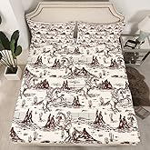 Western Cowboy Boys Fitted Sheet Full Size,Rustic Farmhouse Cowboy Bedding Set,Boys Men Adults Bedroom Decor,Horse Cactus Plants Mountain Bed Cover,Brown Retro Bed Sheet,2 Pillowcases