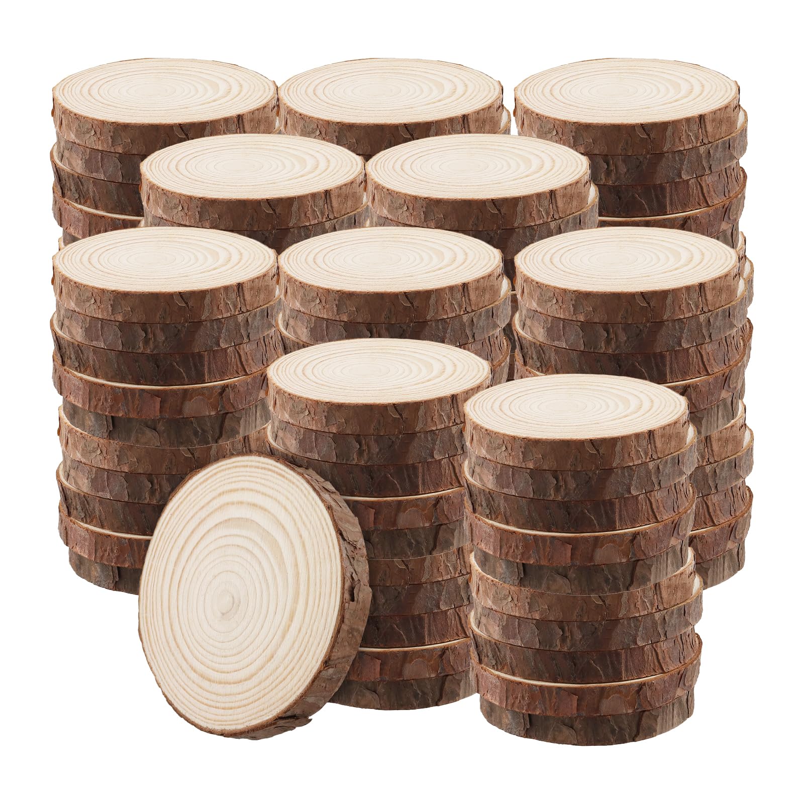 JAPCHET 100 PCS 7-8cm Natural Wood Slices, 1cm Thick Unfinished Wooden Circles Discs, Small Log Slices for Crafts