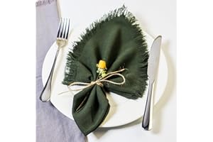 Dololoo Handmade Cloth Napkins with Fringe,18 x 18 Inches Cotton Linen Napkins Set of 4 Versatile Handmade Square Rustic Fringe Napkins for Dinner, Wedding and Parties, Olive Green