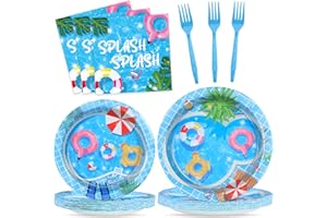 OBUSATT 96Pcs Pool Party Supplies Summer Beach Paper Plates Napkins Summer Pool Party Decorations Hawaiian Beach Ball Dinnerware Party Favors Birthday Tableware Serves 24