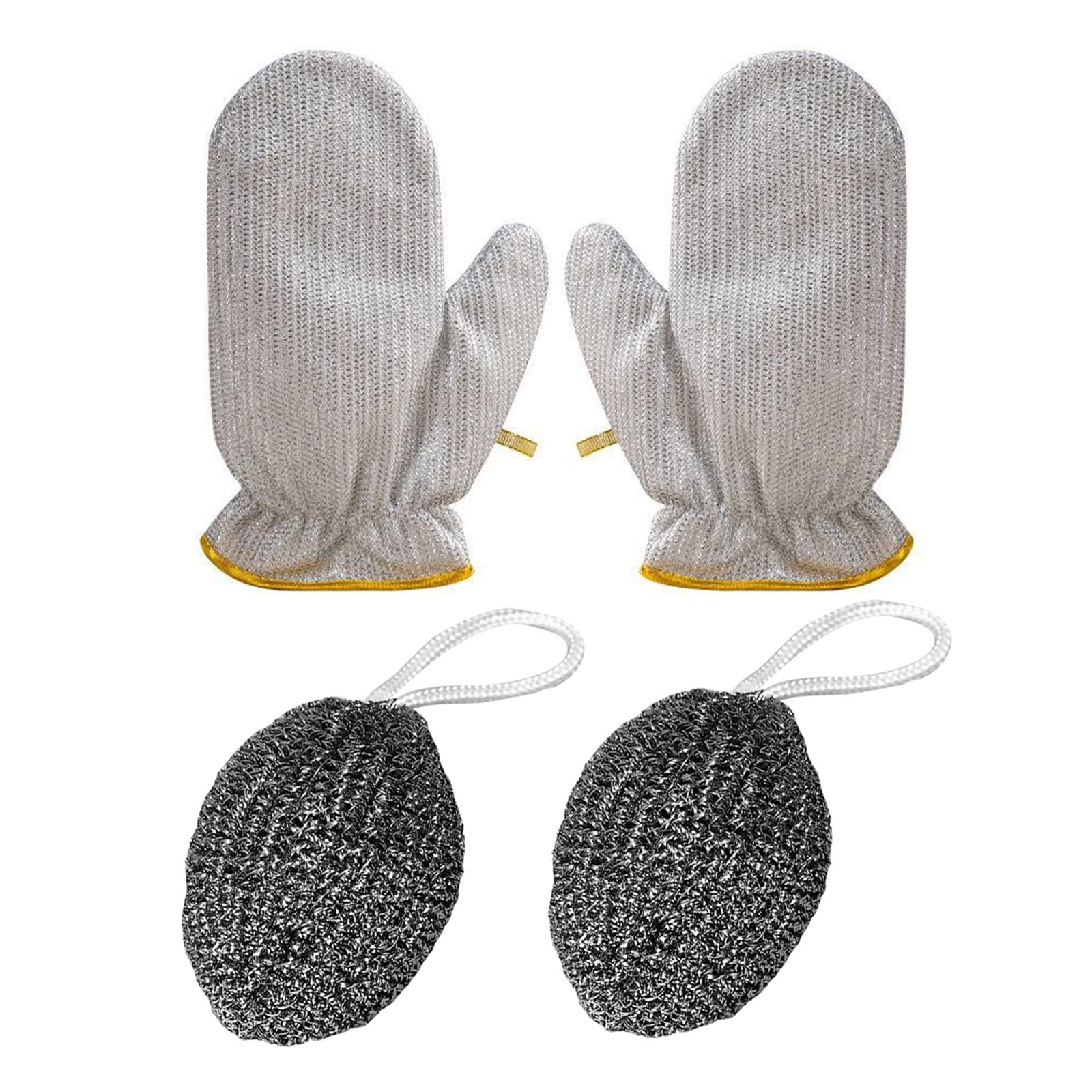 Photo 1 of 2PCS Dishwashing Gloves Silver and 2PCS Stainless Steel Melon Shape Steel Wire Ball(white/gray rope) (gray)