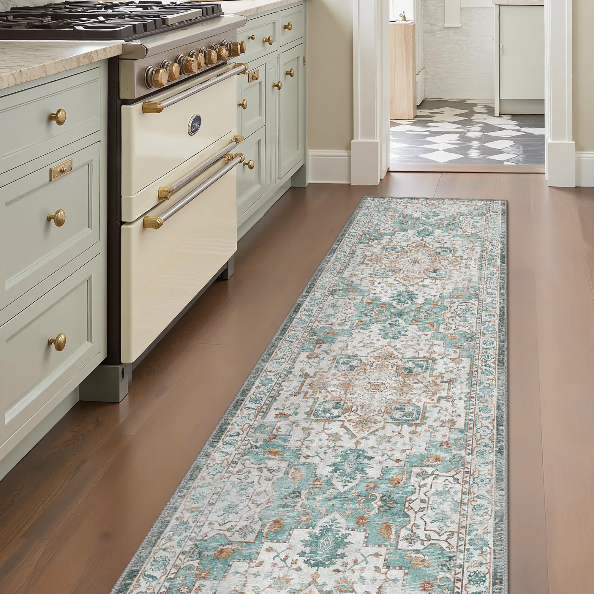 GENIMO 2'6''X8 Runner Rug Non Slip, Machine Washable Hallway Runners, Low Plie & Thin Vintage Rug for Hallway, Kitchen, Laundry, Entryway, Bedroom & Living Room, Cyan Image