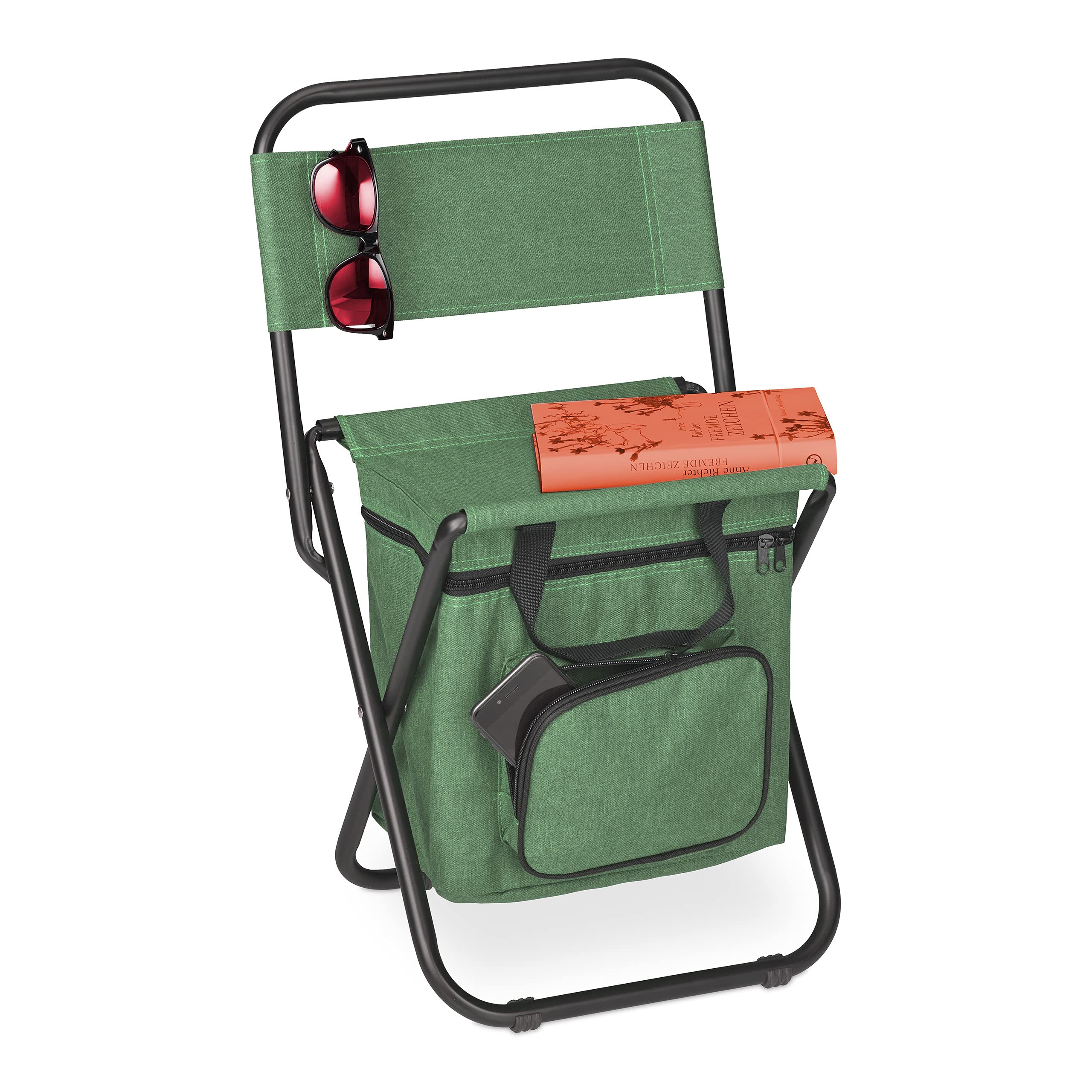 Relaxdays camping bag, foldable, with backrest, outdoor seat, folding fishing stool, garden chair, green, Iron, 60x35x35 cm