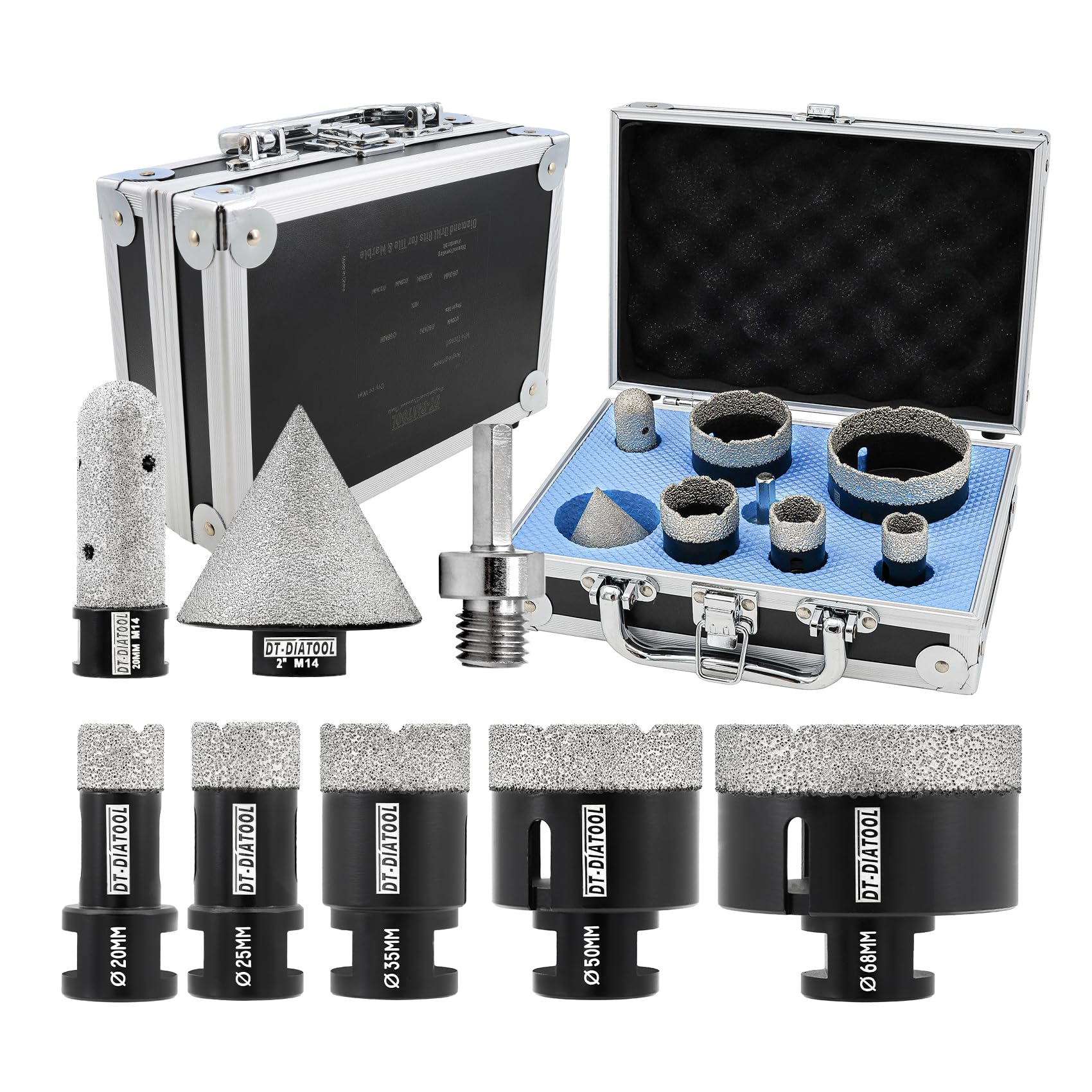 Diamond Core Drill Bits Set 8-Pack - DT-DIATOOL 20/25/35/50/68mm Tile Drill Bits+20mm Diamond Milling Bit+50mm Diamond Chamfer Bit+Hex Adapter for Porcelain Tile Ceramic Marble Granite