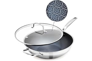 Blue Diamond Hybrid Nonstick Stainless Steel 12” Wok with Helper Handle, PFAS-Free Ceramic Diamond Surface Stir-Fry pan, Dish