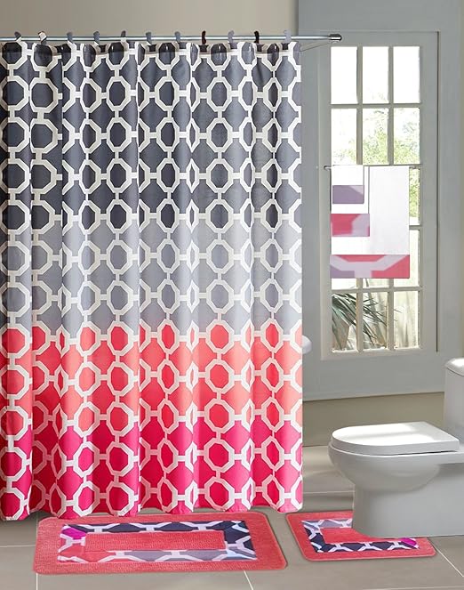 Amazon Com Hajar Pink Gray Chains 15 Piece Bathroom Accessory