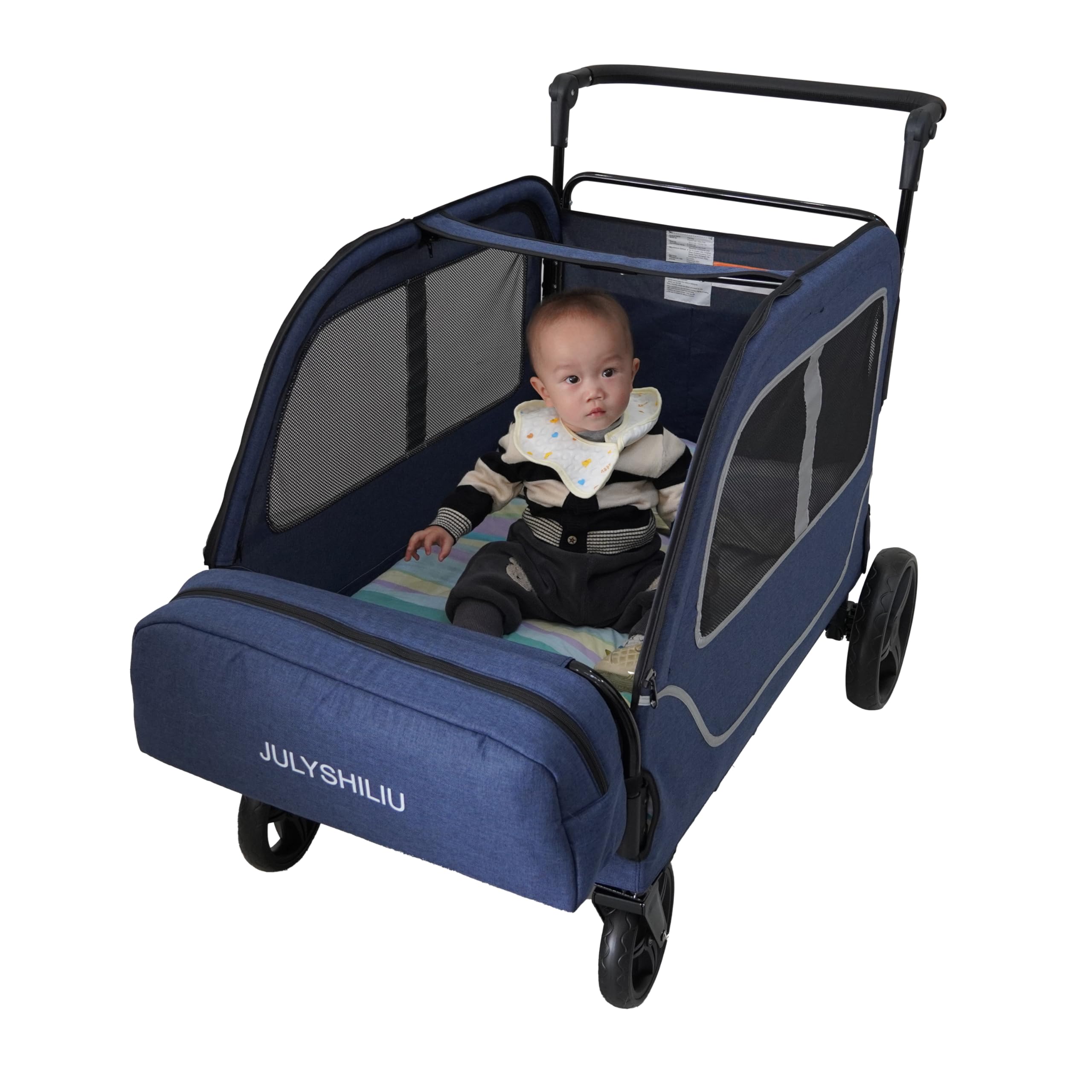 Wagon for Kids 4 Seater Wagon Stroller Travel All Terrain Foldable 2 3 5 Year Old Toddlers Child Twins Triple Quad Stroller with Bench Seat Storage (Deep Blue)