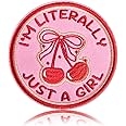 I'm Literally Just A Girl 3" Pink Cherry Embroidered Funny Hook and Loop Backing Red Cherry Bow Morale Patch for Backpacks, Hats, Bags, Dog Harness, Vests, Patch Wall (Hook and Loop, Pink, 3in)