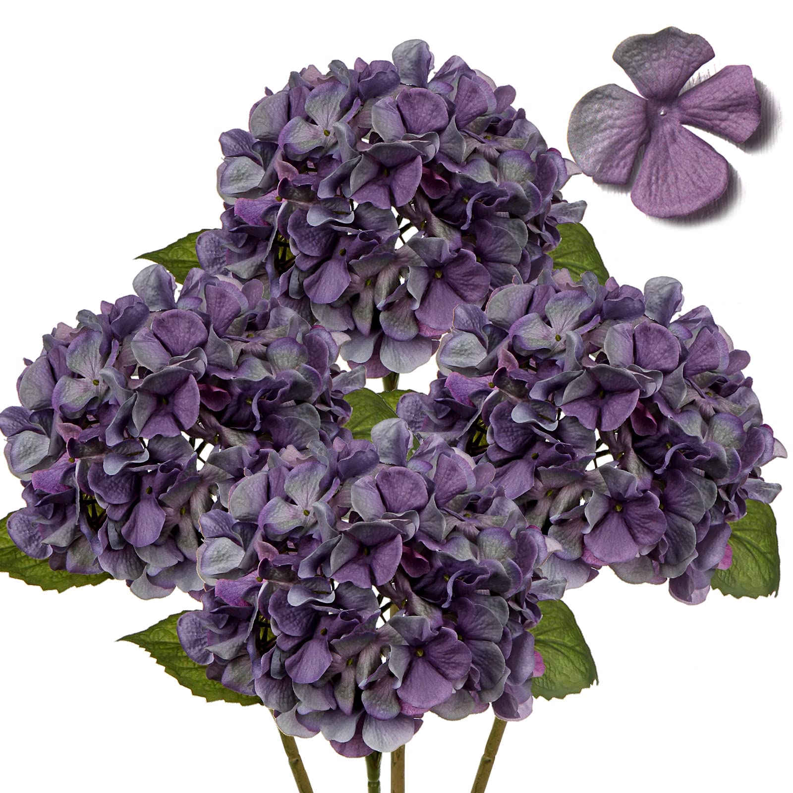 Hollyone 4 pcs Purple Grey Hydrangea Artificial Flowers with 16.9'' Long Stem, Fake Flowers Dried Flowers, Artificial Hydrangea Plants for Kitchen, Home Decor, Party, Wedding Decorations