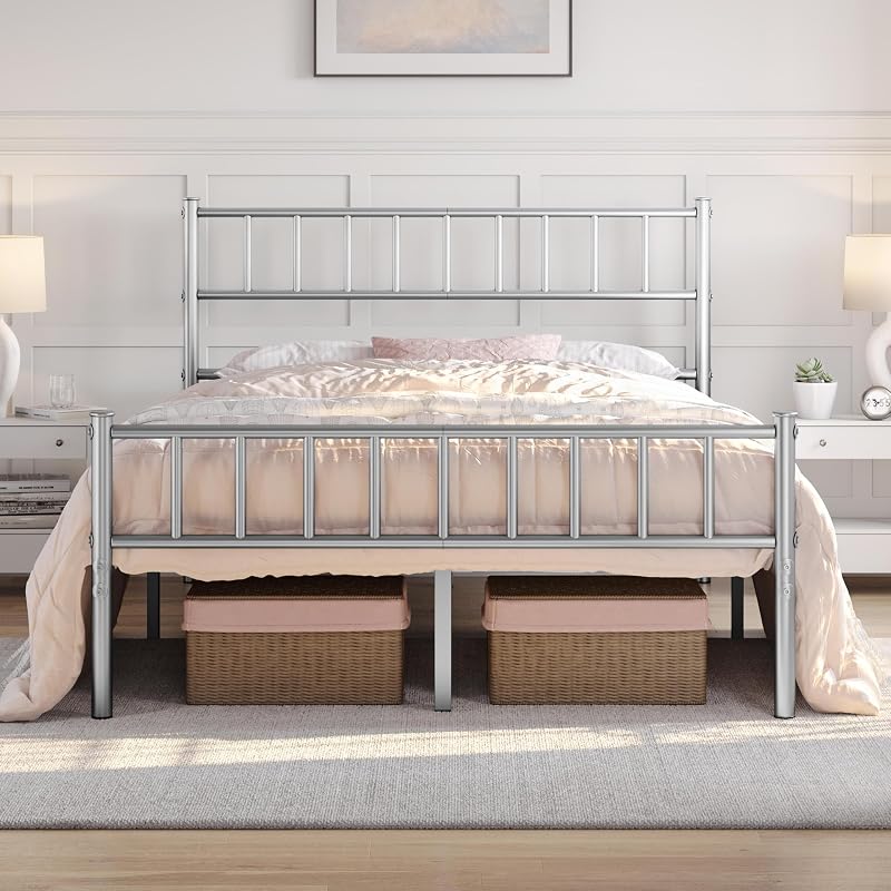 Yaheetech 4ft6 Double Bed Frame Metal Bed Slats Headboard Footboard Silver
