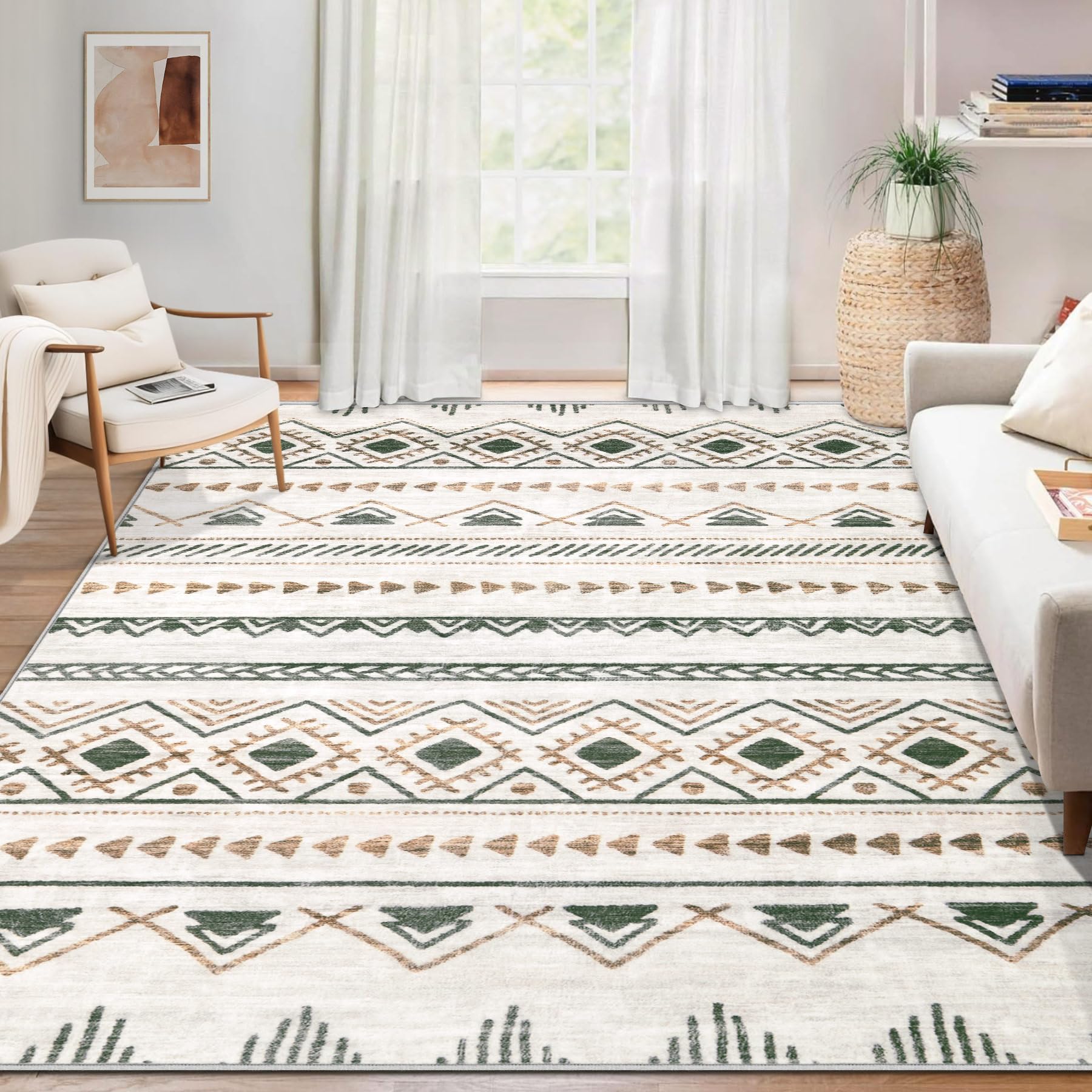Photo 1 of Area Rug Living Room Rugs 5x7 - Large Soft Boho Geometric Rugs, Non-Slip Foldable Washable Area Rug Non Shedding Morden Indoor Floor Carpet for Living Bedroom Office Dining Room(Brown Green,5'x7')