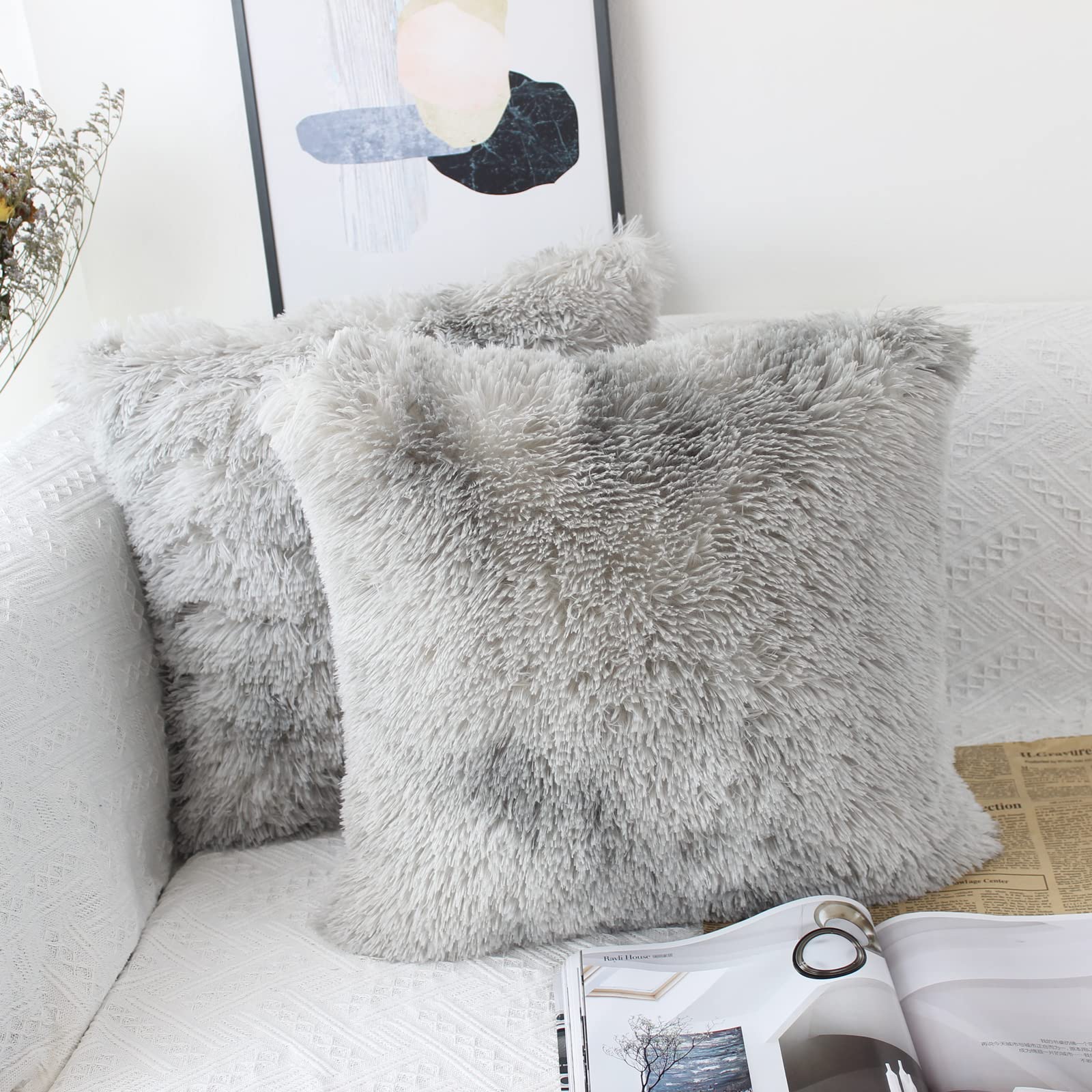 OYIMUA Set of 2 40 x 40cm Faux Fur Fluffy Cushion Covers Soft Throw Pillow Case 16x16 Grey Decorative Square Plush Pillowcase for Livingroom Sofa Bedroom