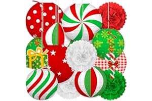 Renbuzhu 15PCS Christmas Decorations Ornaments Set – 9 Red White Green Paper Lanterns, 4 Pom Poms, 2 Hanging Swirls for Indoor, Home, Xmas Party, Porch Decor